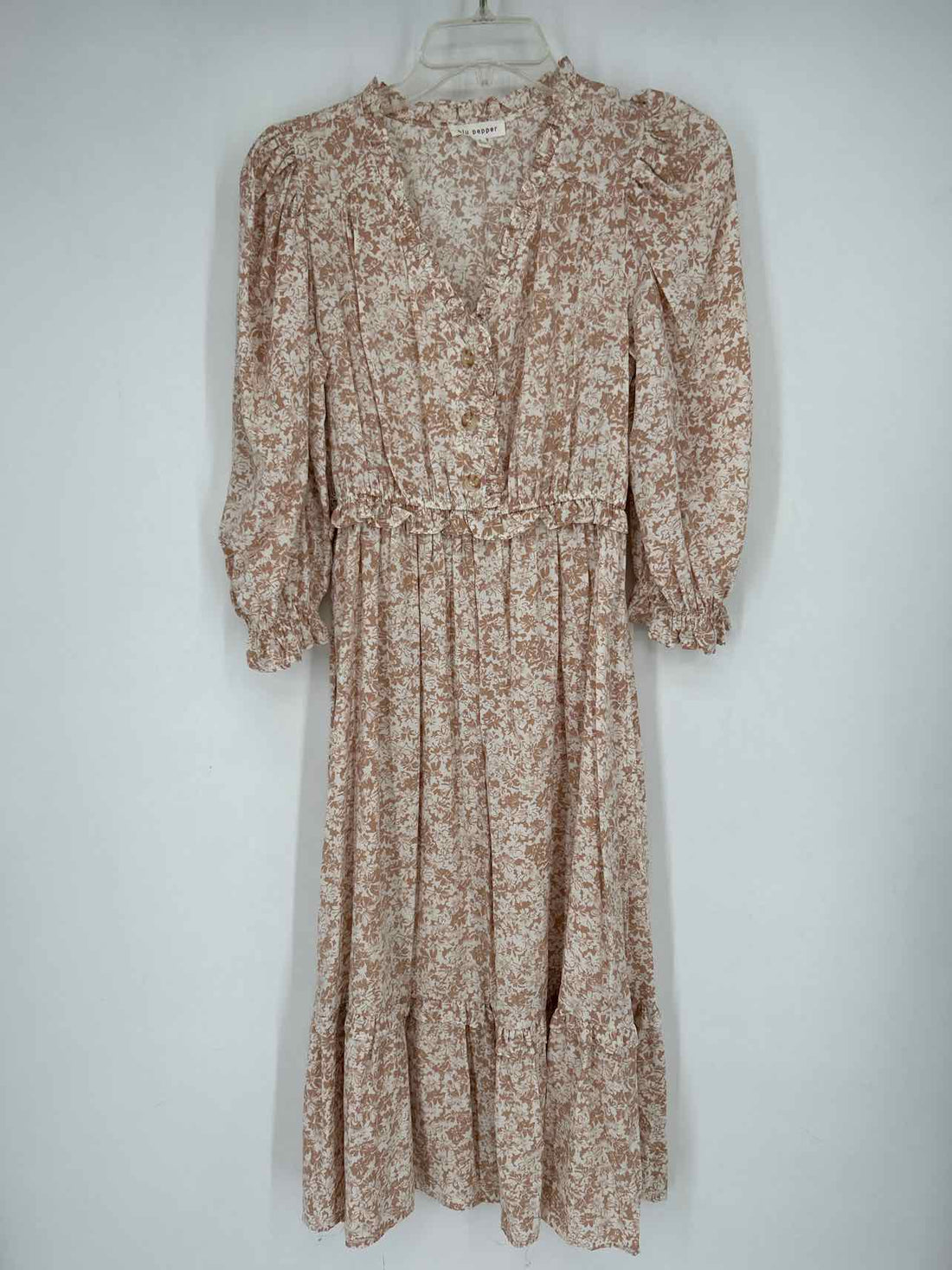 Blu Pepper Size S Beige Floral Long Sleeve Dress