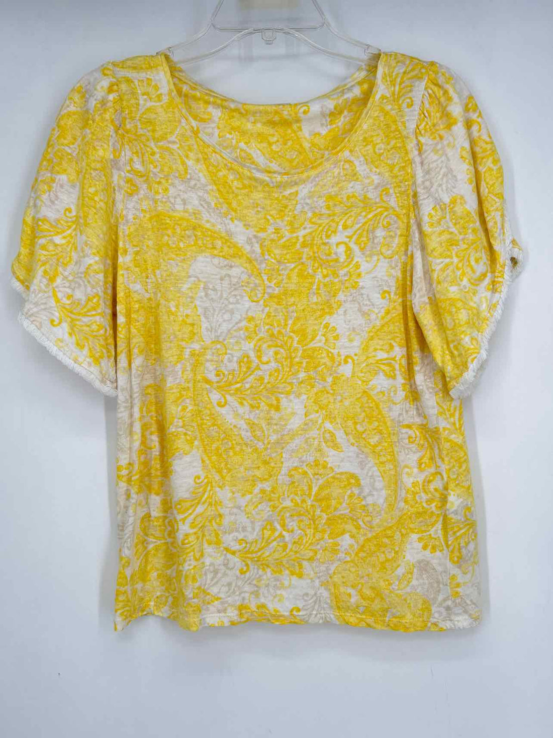 Chicos Size 0/Small White & Yellow Short Sleeve