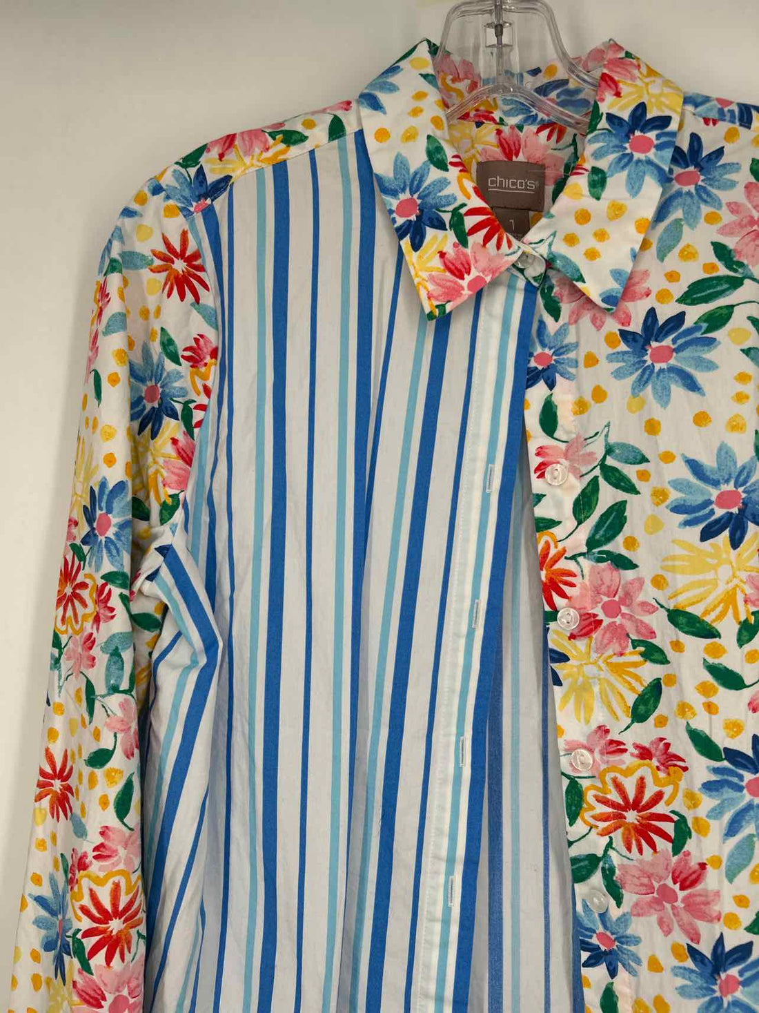 Chicos Size 1/M White Floral & Striped Long Sleeve