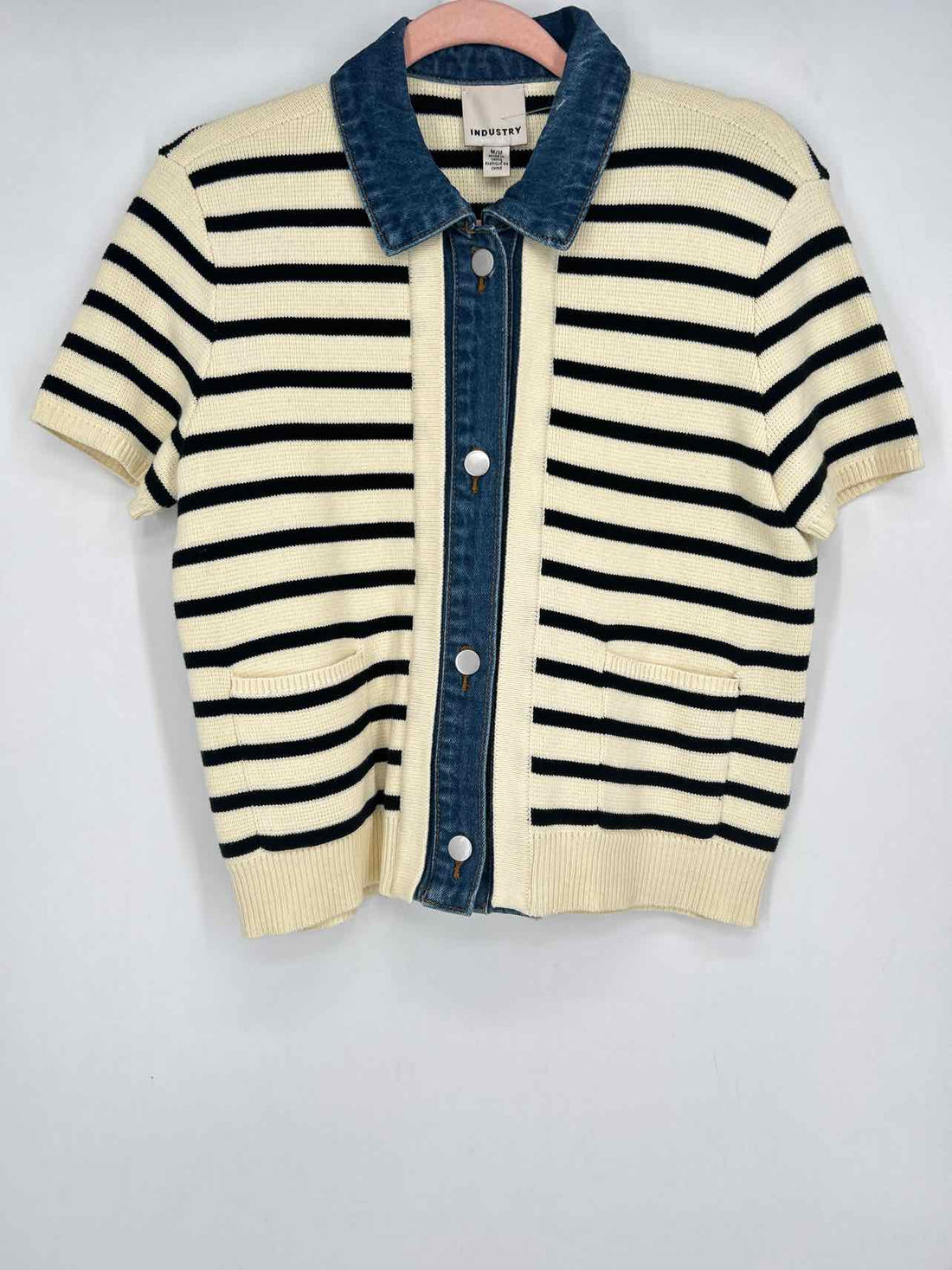 Industry Size M Cream & Navy Striped Short Sleeve