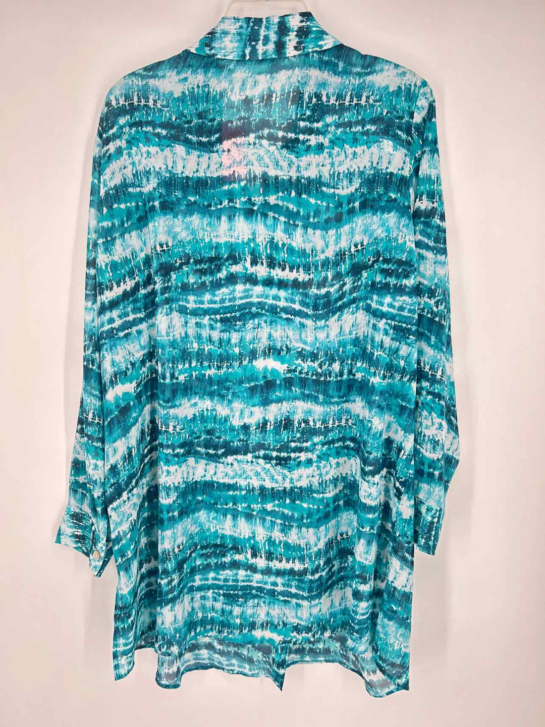 Belle Beach by Kim Gravel Size 1X Aqua & White Print Long Sleeve Coverup