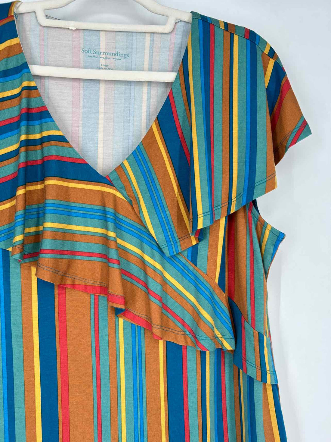 Soft Surroundings Size L Green Multi Color Striped Short Sleeve