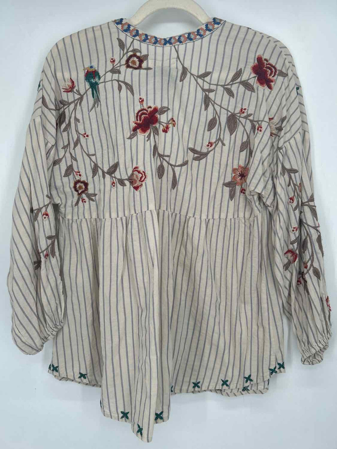 Johnny Was Size S Beige & Blue Striped Embroidered Long Sleeve