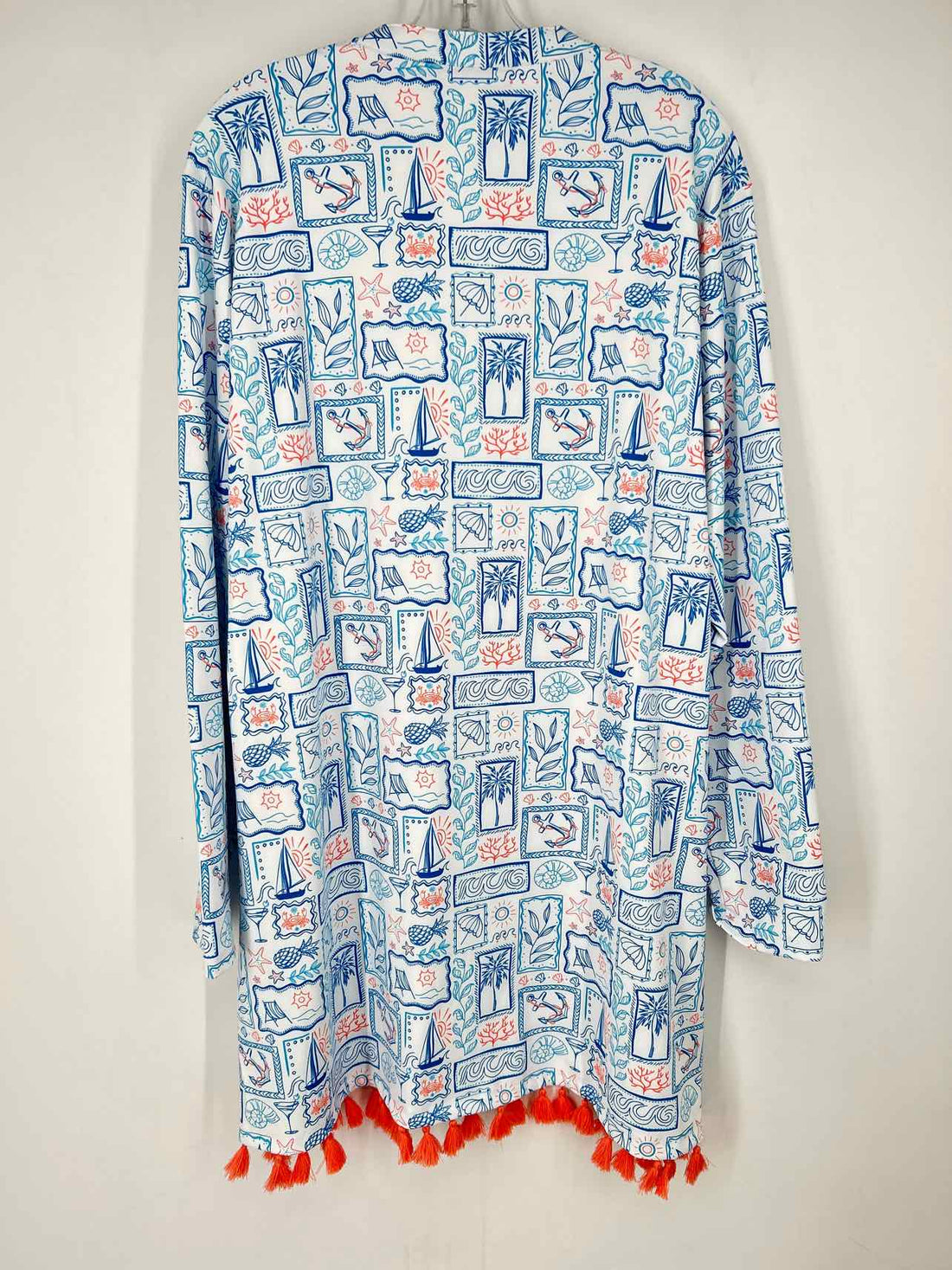 Reel Legends Size L White & Blue Print Long Sleeve Dress