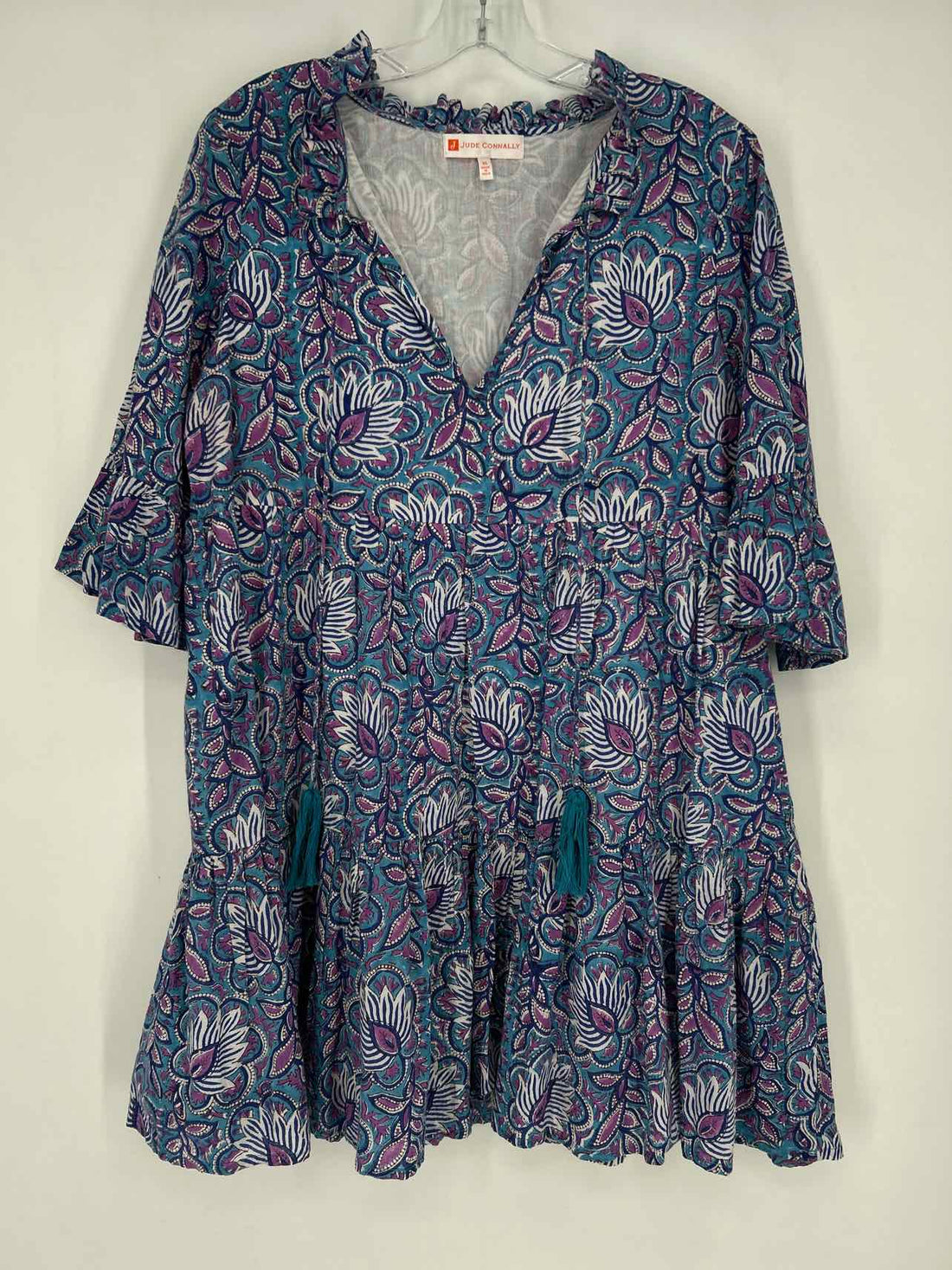Jude Connally Size XL Teal Print Long Sleeve Dress