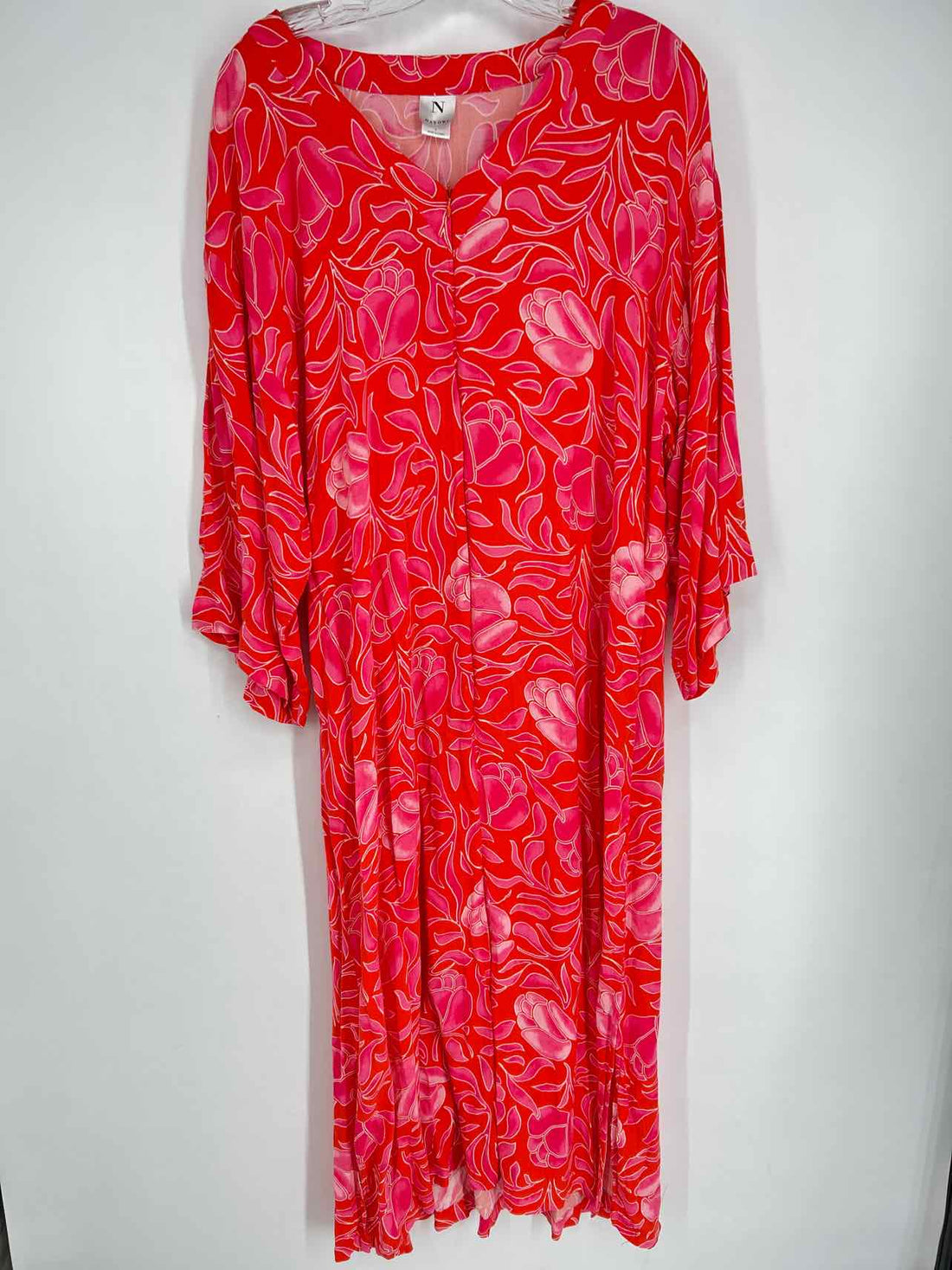 Natori Size L Red & Pink Print Long Sleeve Dress