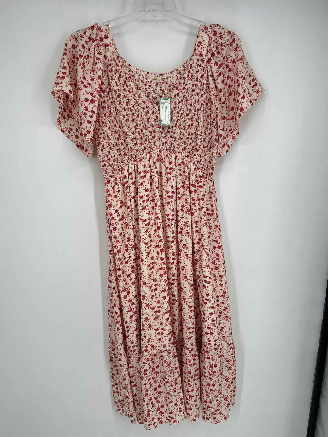 Jodifl Size L Ivory & Dark Pink  Floral Short Sleeve Dress