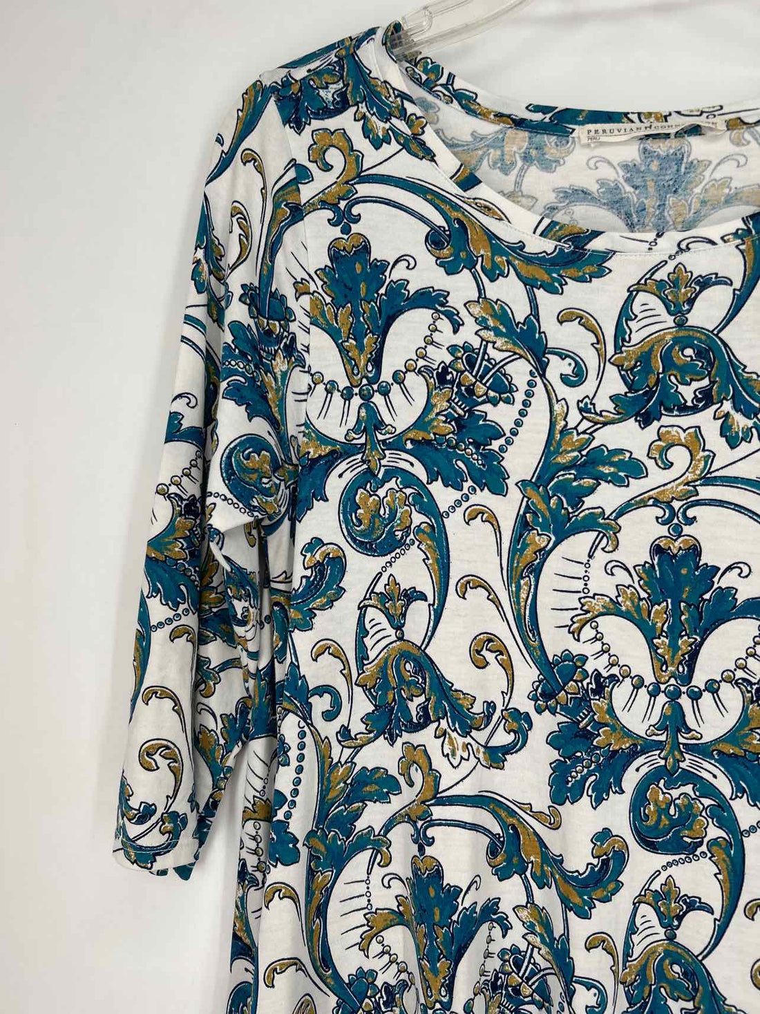 Peruvian Connections Size S White & Teal Print Dress