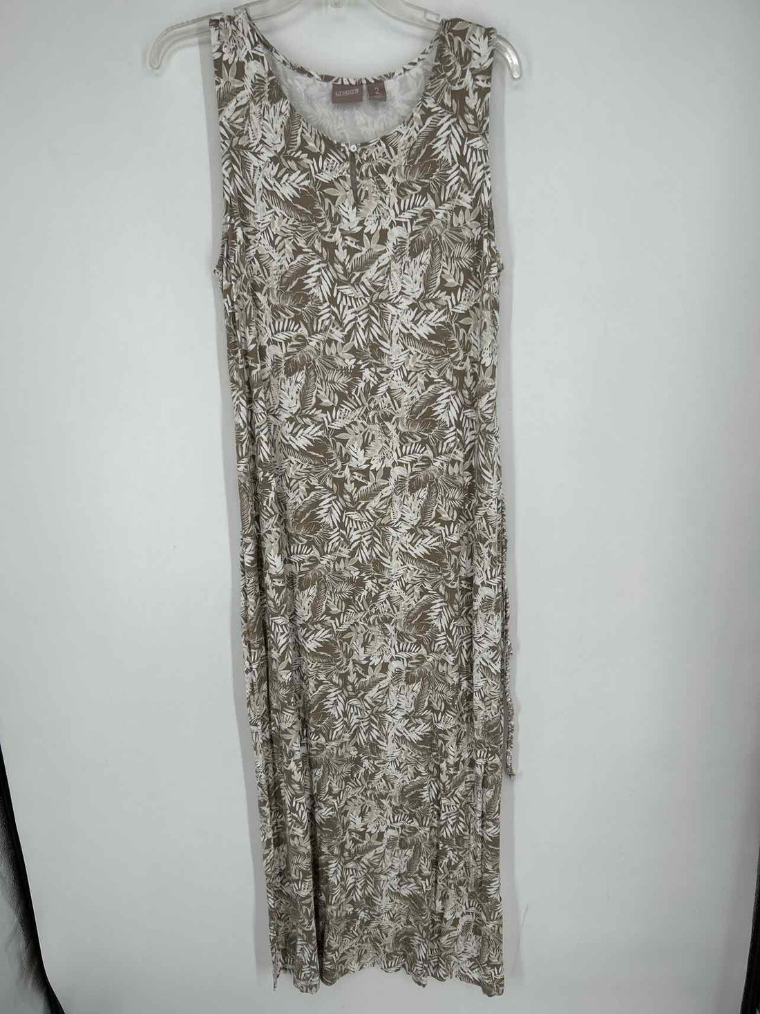 Chicos Size 2/L Taupe & White Floral Sleeveless Dress