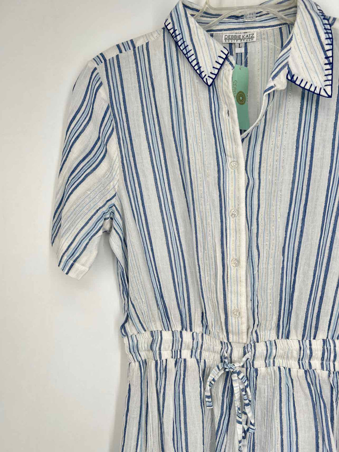 Debbie Katz Size L White & Blue Striped Shimmer NWT Rompers