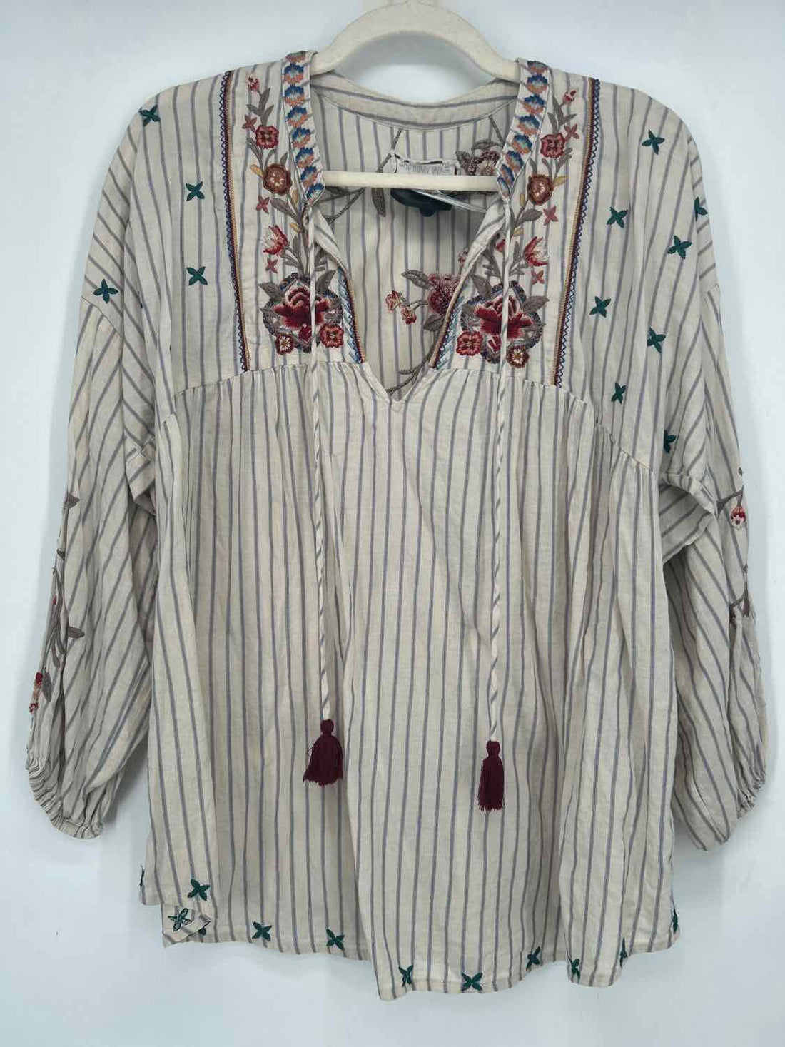 Johnny Was Size S Beige & Blue Striped Embroidered Long Sleeve