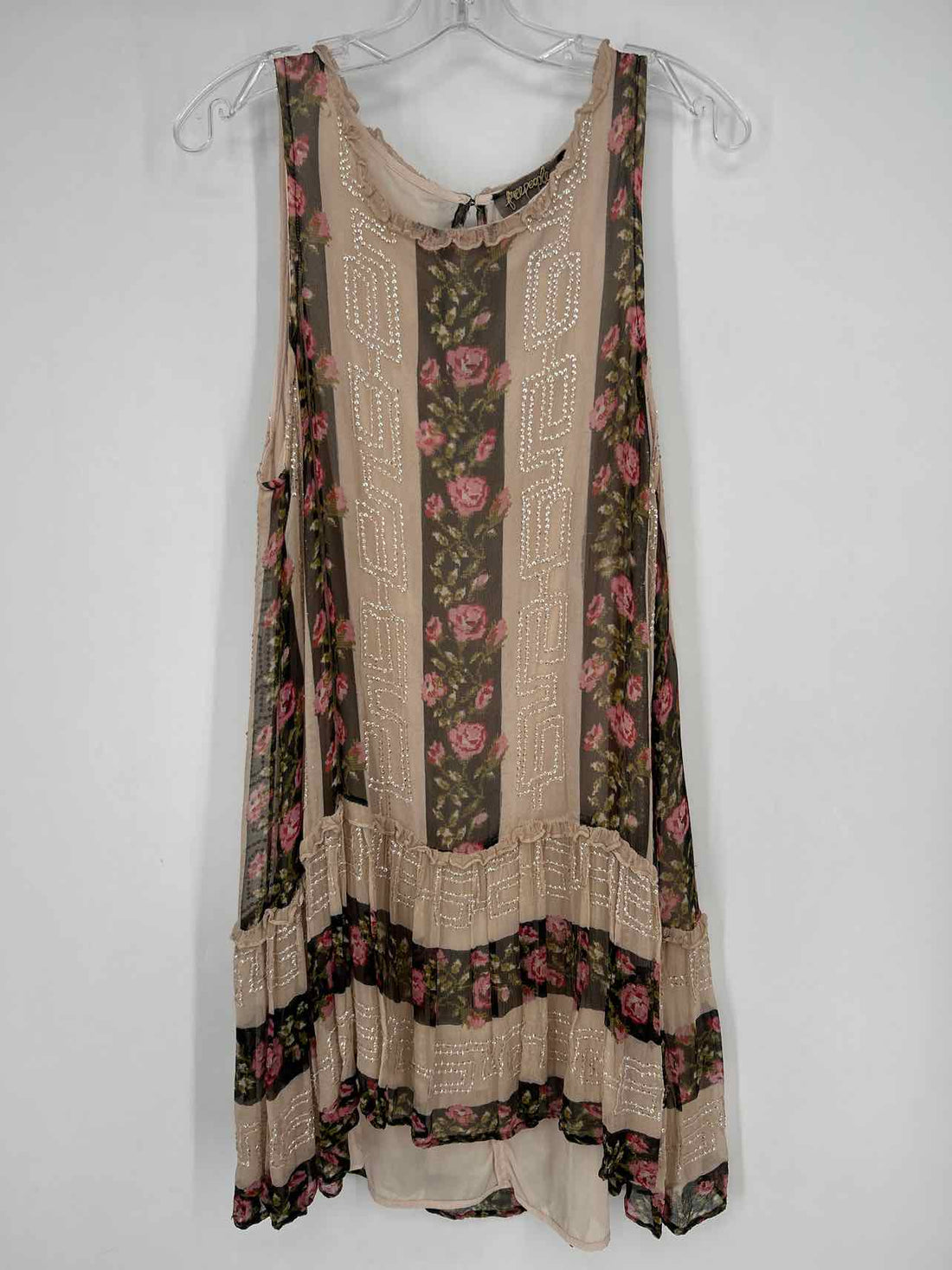 Free People Size L Beige & Black Floral Rayon Sleeveless Dress