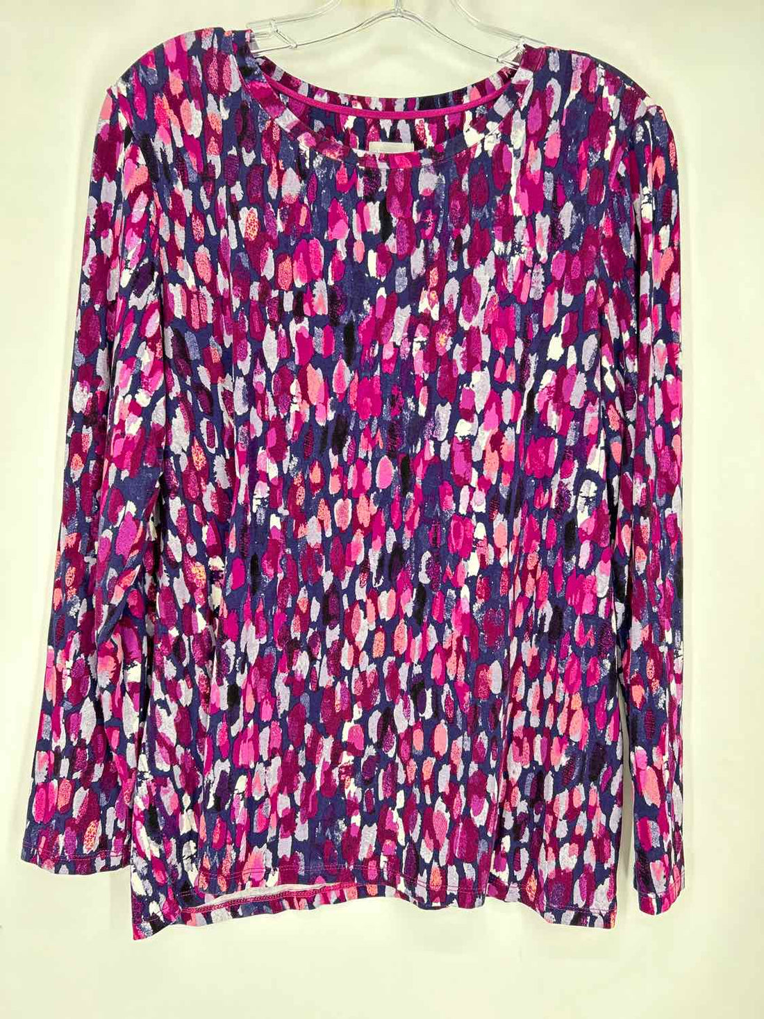 Chicos Size 2 (L) Purple & Navy Print Long Sleeve