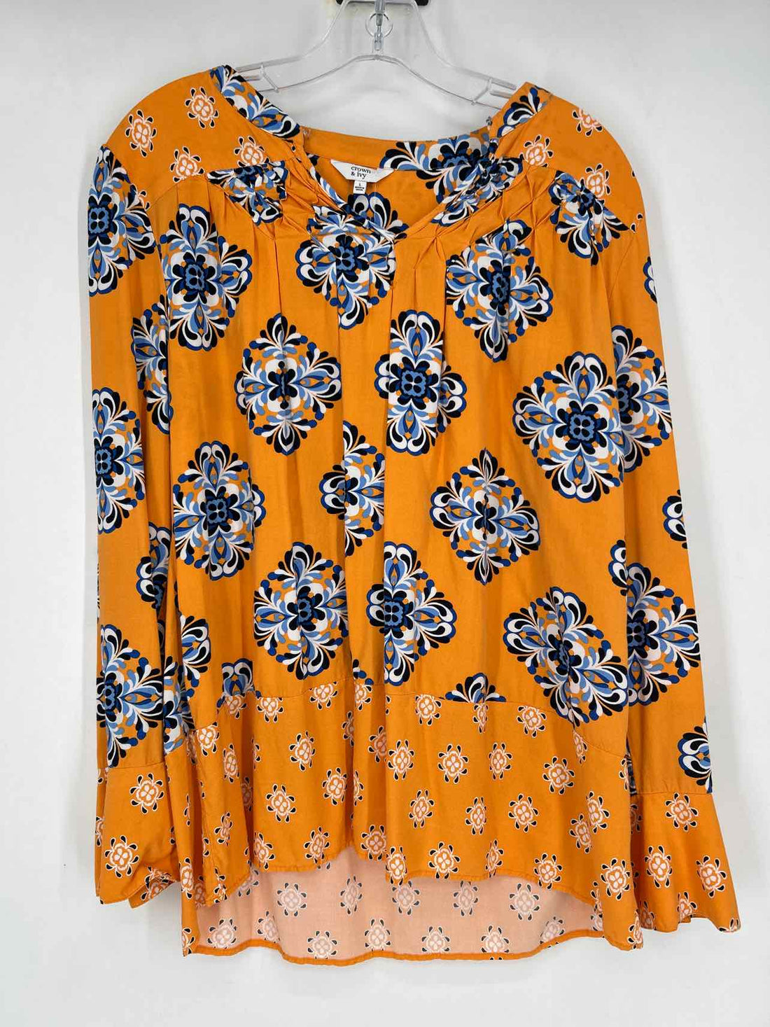 Crown & Ivy Size L Orange & Blue Print Long Sleeve