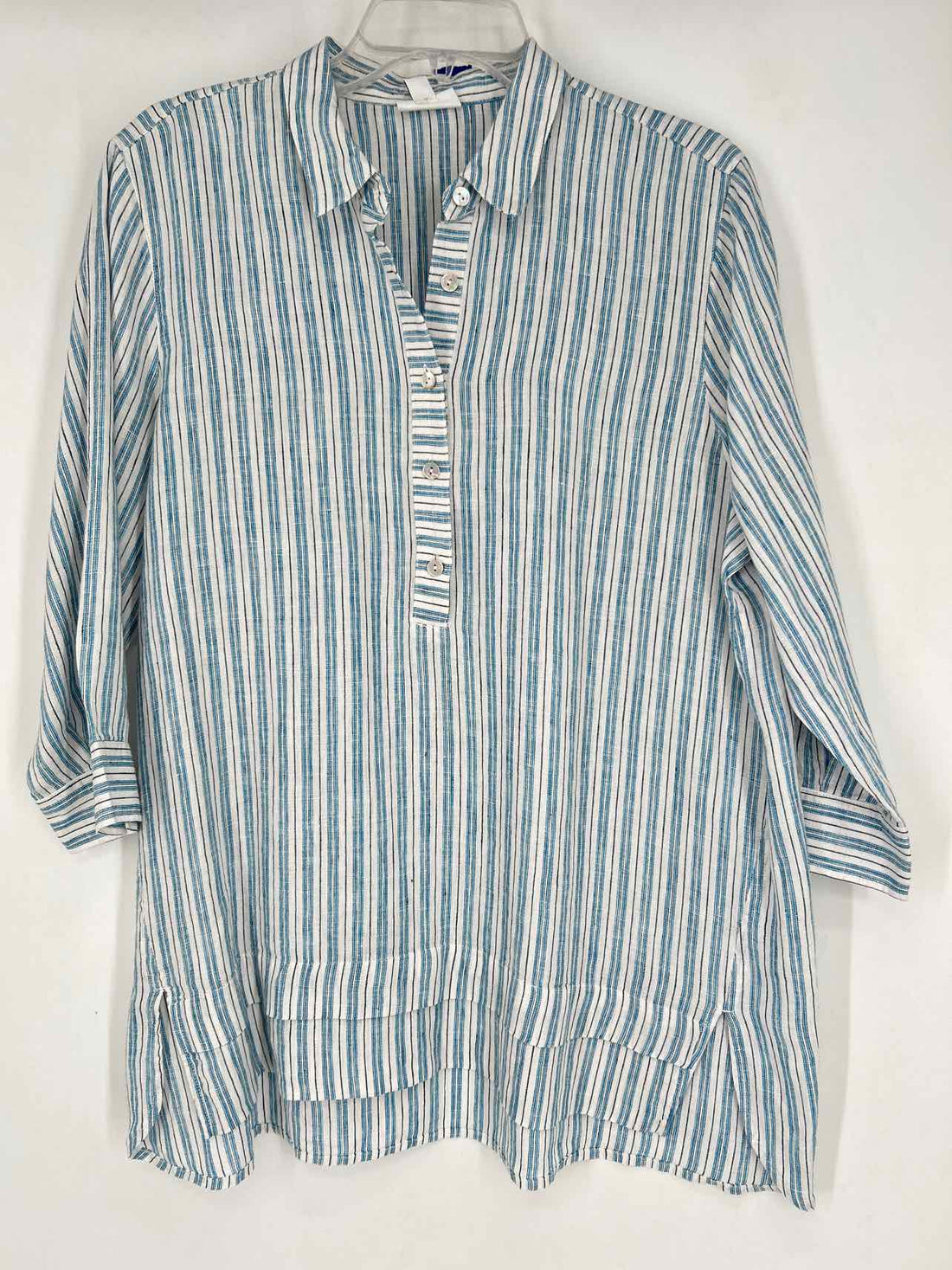 J Jill Love Linen Size M White & Blue Striped Long Sleeve