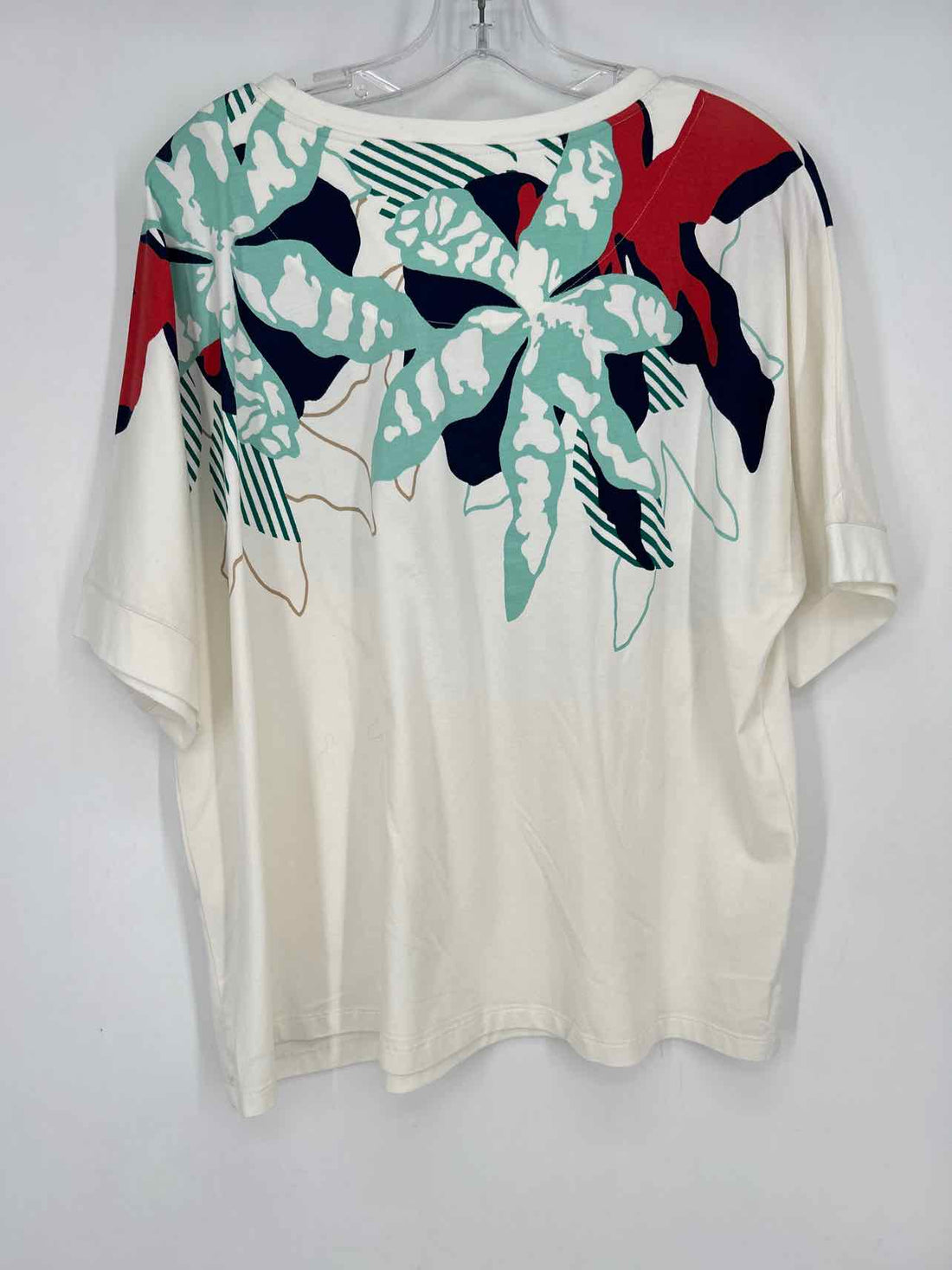 Chicos Size 3/XL White & Turquoise Floral Embellished Short Sleeve