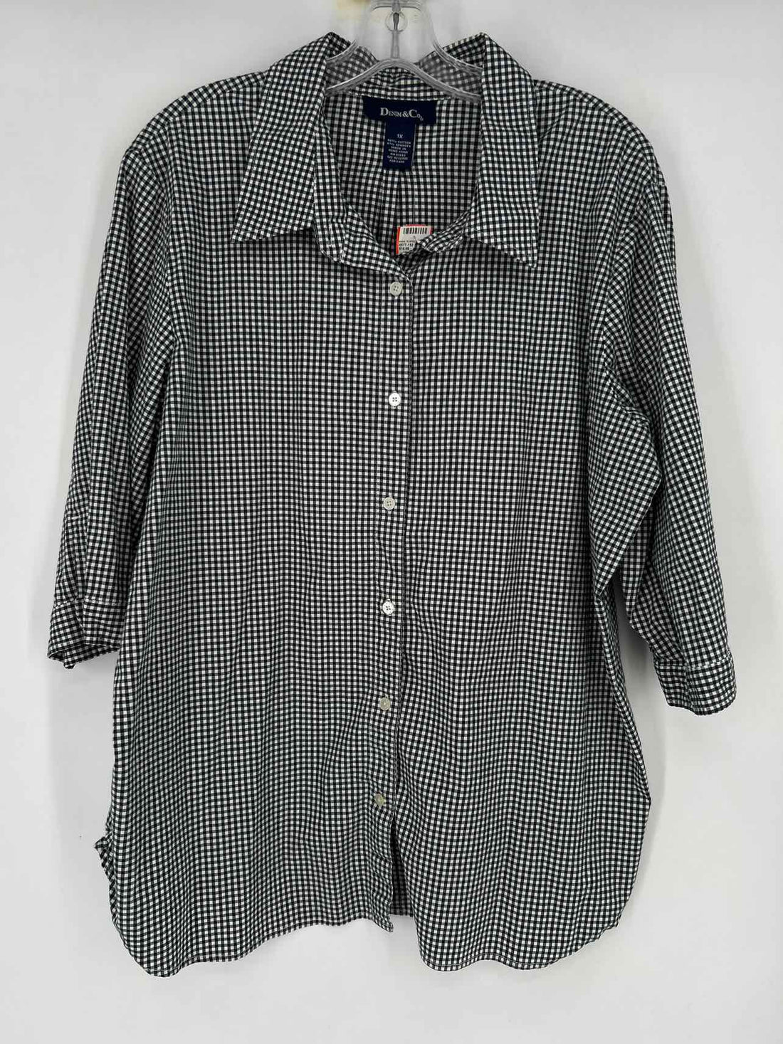 Denim & Co Size 1X Black & White Gingham Long Sleeve Top/Blouse