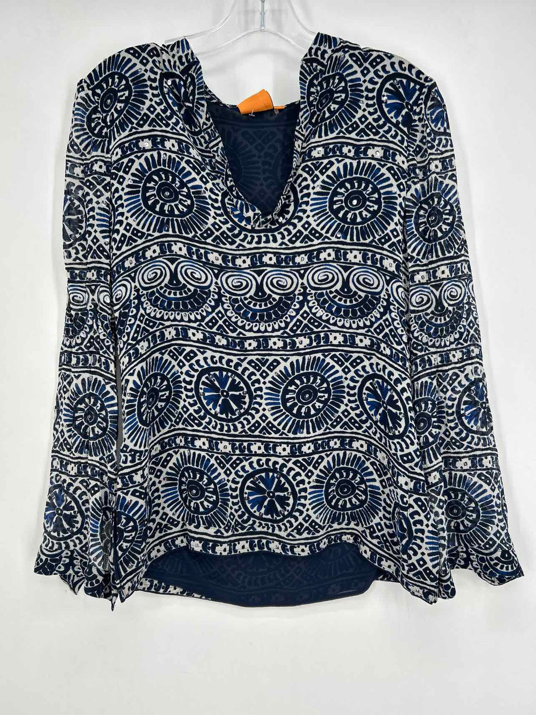 Tory Burch Size 2 Navy & White Print Silk Blend Long Sleeve