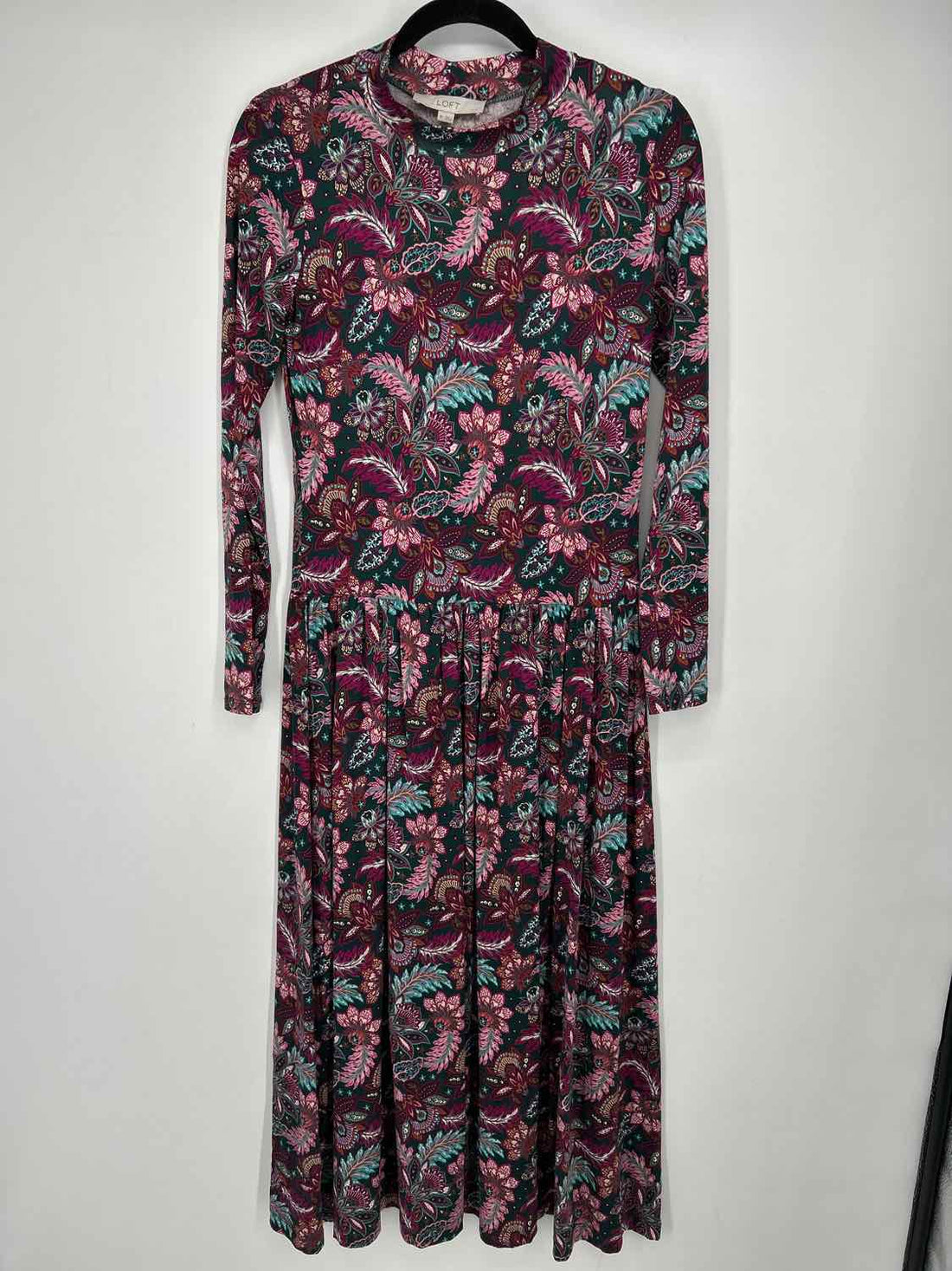 Loft Size XS Dark Green & Purple Print Long Sleeve Dress