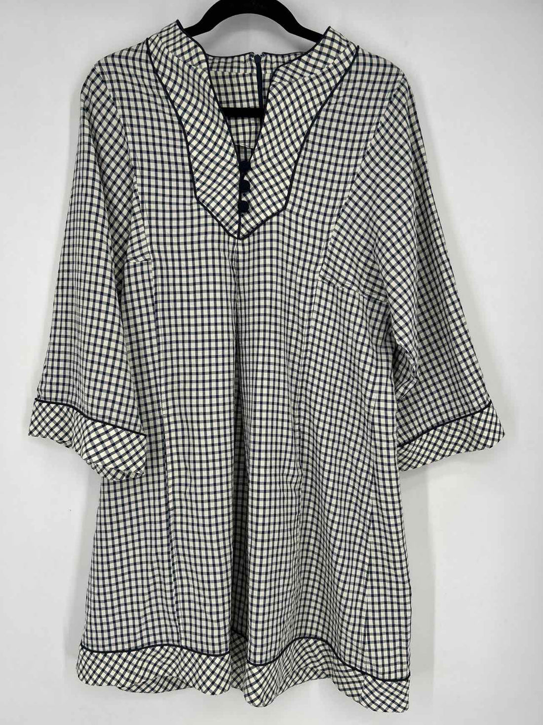 Pomander Place Size L Navy & White Gingham Long Sleeve Dress