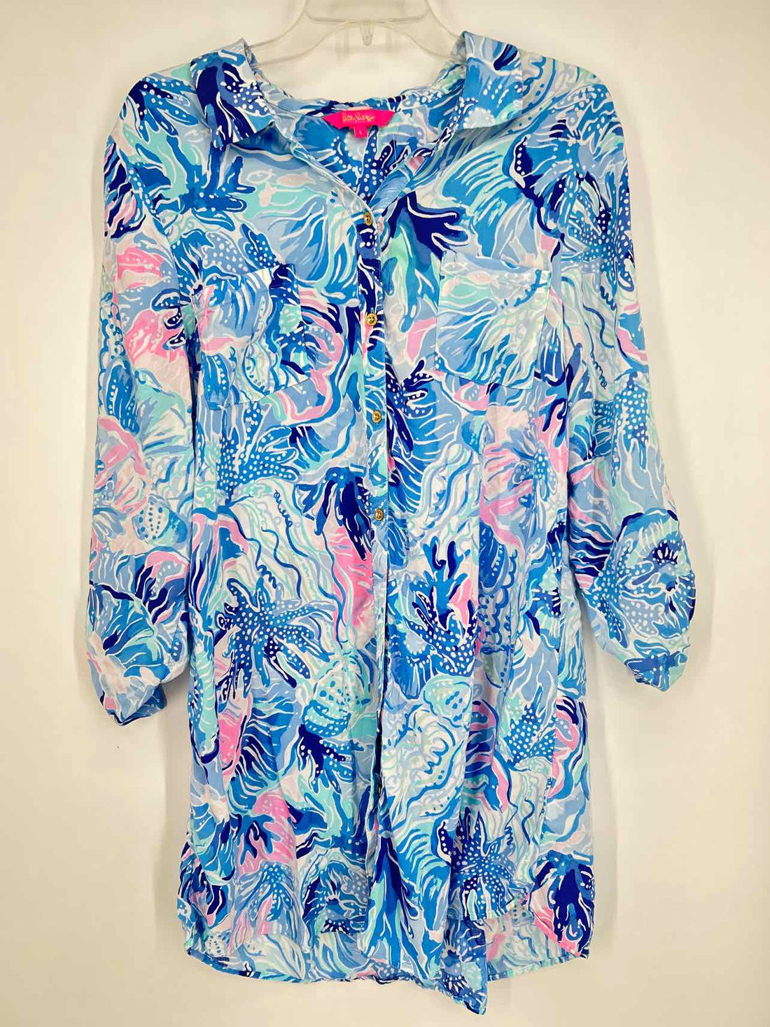 Lilly Pulitzer L Blue & Pink Print Long Sleeve Lilly Pulitzer Dress