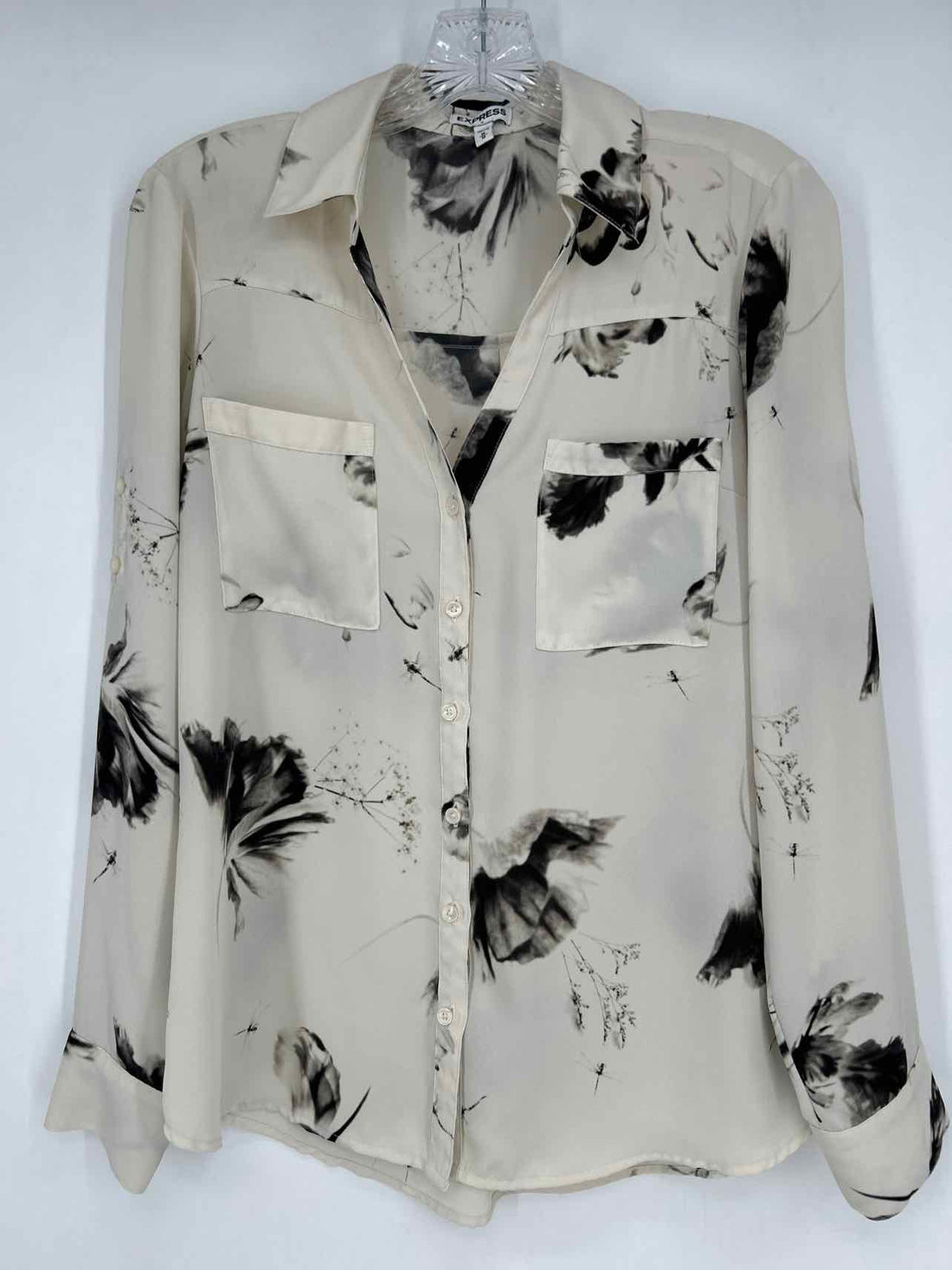 Express Size M Off White & Black Floral Long Sleeve