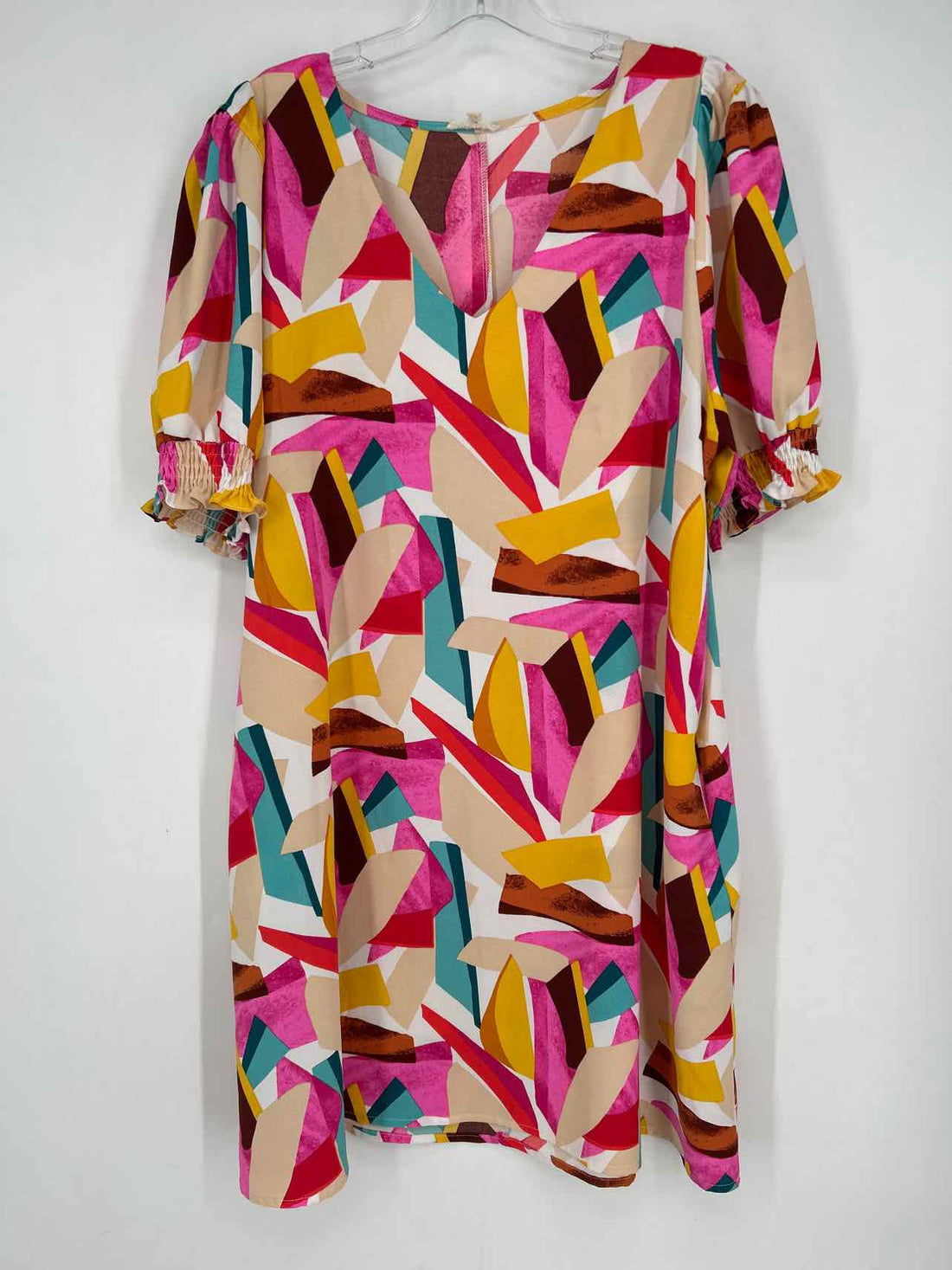Jodifl Size L Cream & Pink Print Short Sleeve Dress