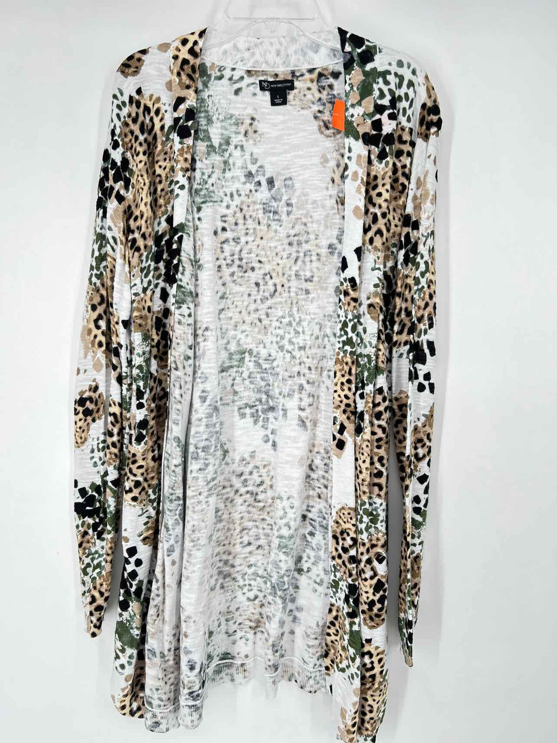 New Directions Size L White Green & Leopard Cardigan