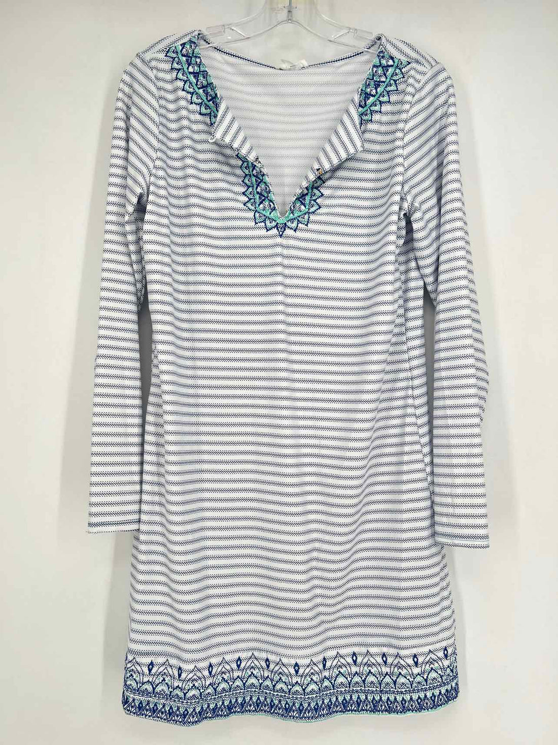 Cabana Life Size L White & Navy Print Embroidered Long Sleeve Dress