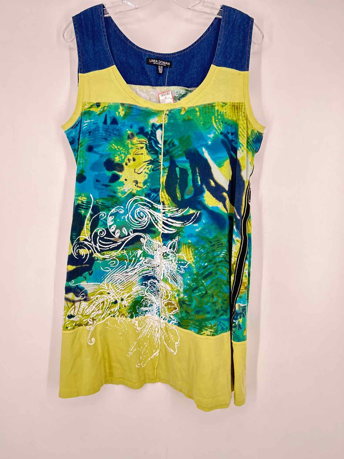Linea Domani Size XL Blue & Green Print Sleeveless Dress