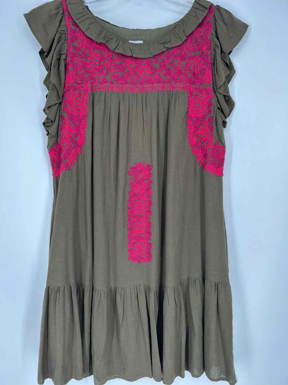 J.Marie Size S Green & Pink Embroidered Short Sleeve Dress