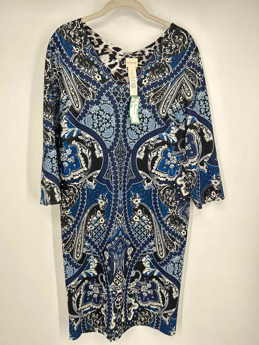 Chicos Size 1 (8) Navy Print Long Sleeve Dress
