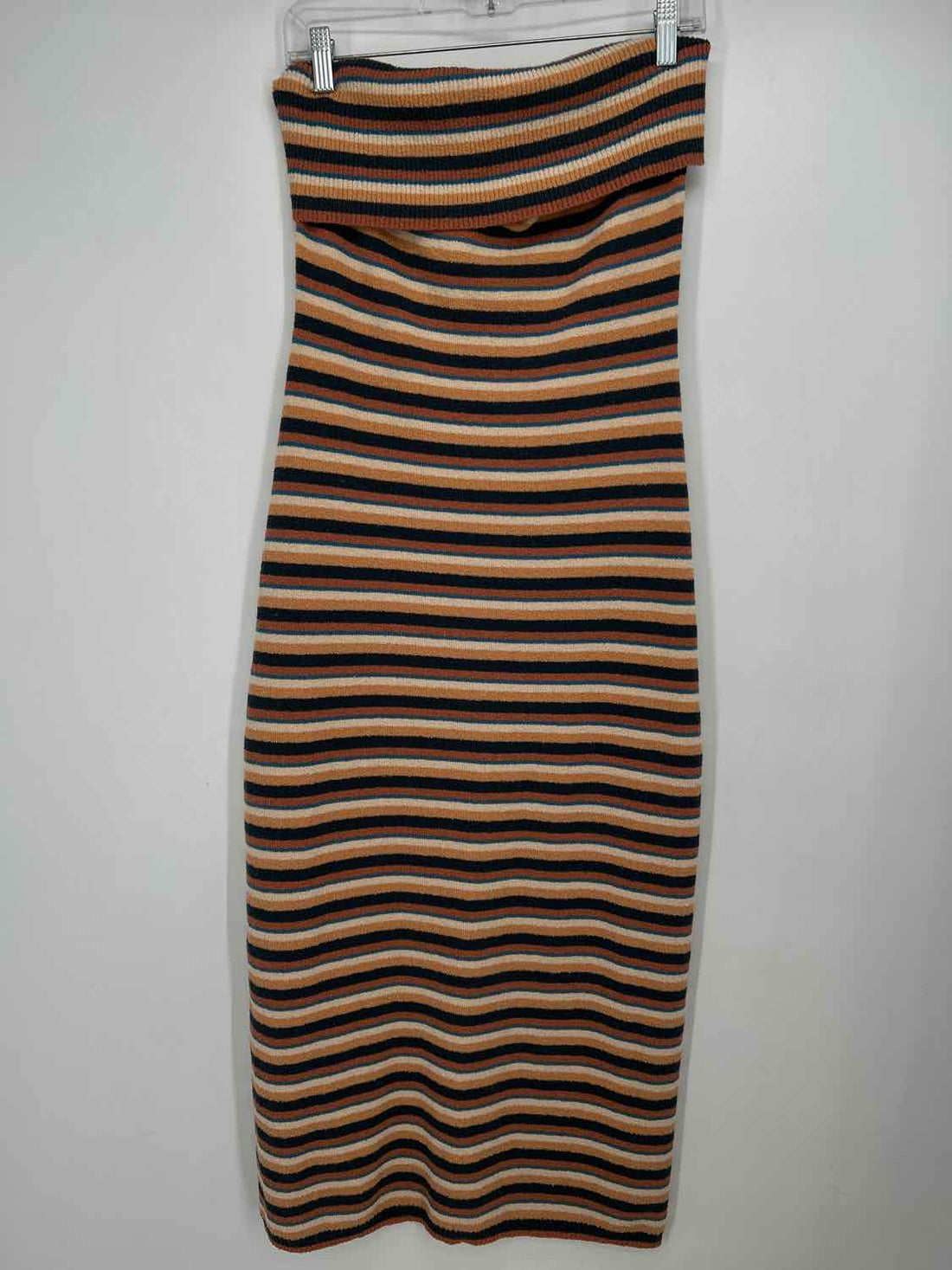 Le Lis Size L Rust Cream & Blue Striped Strapless Dress