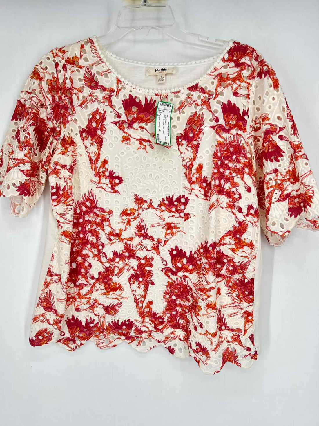 Porridge Clothing Size S White & Maroon Print Eyelet Short Sleeve
