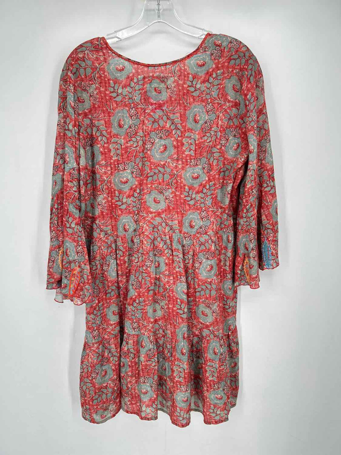 Johnny Was Size M Red & Blue Floral Ramie Long Sleeve Dress