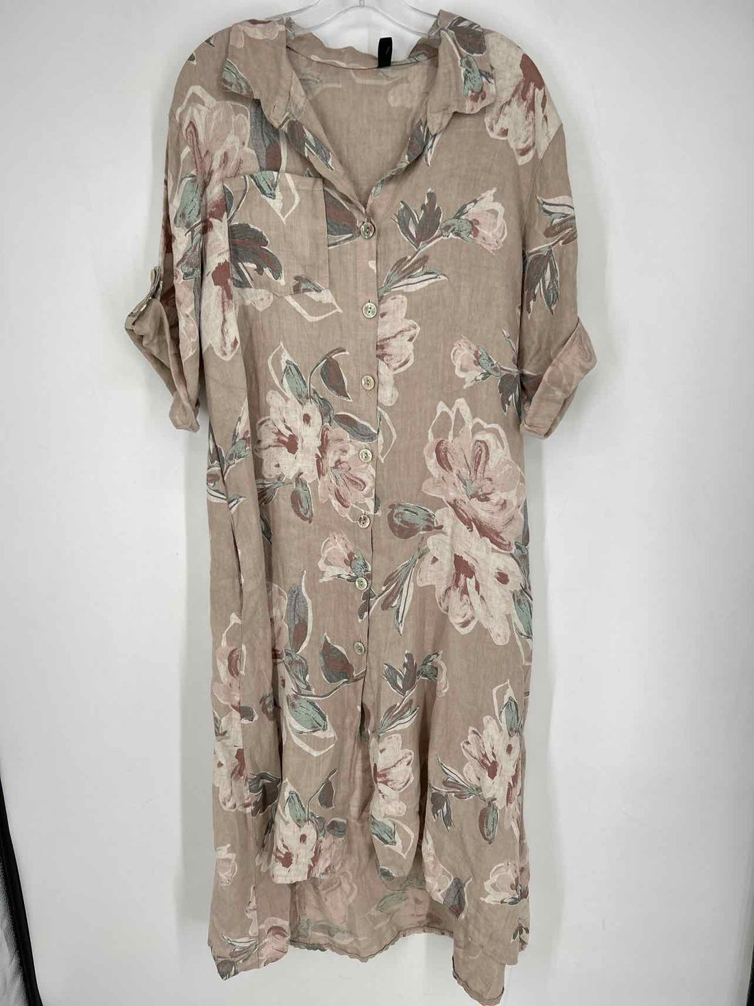 Venti6 Size L Beige Floral Linen Short Sleeve Dress