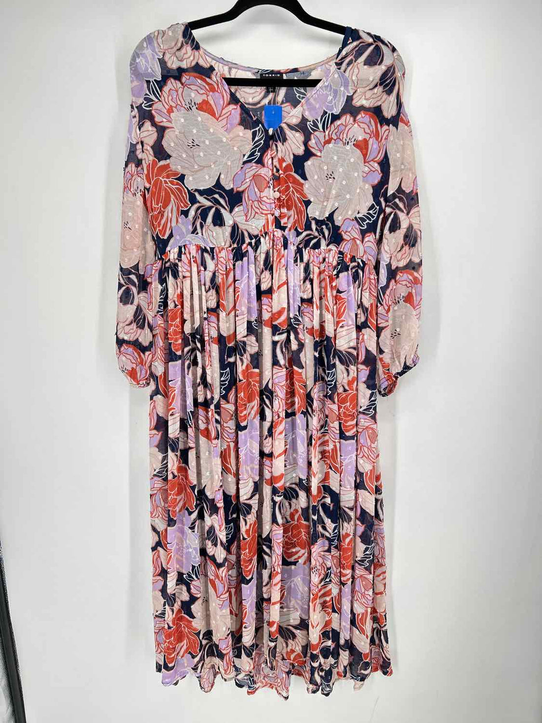 Torrid Size L Navy & Orange Print Long Sleeve Dress