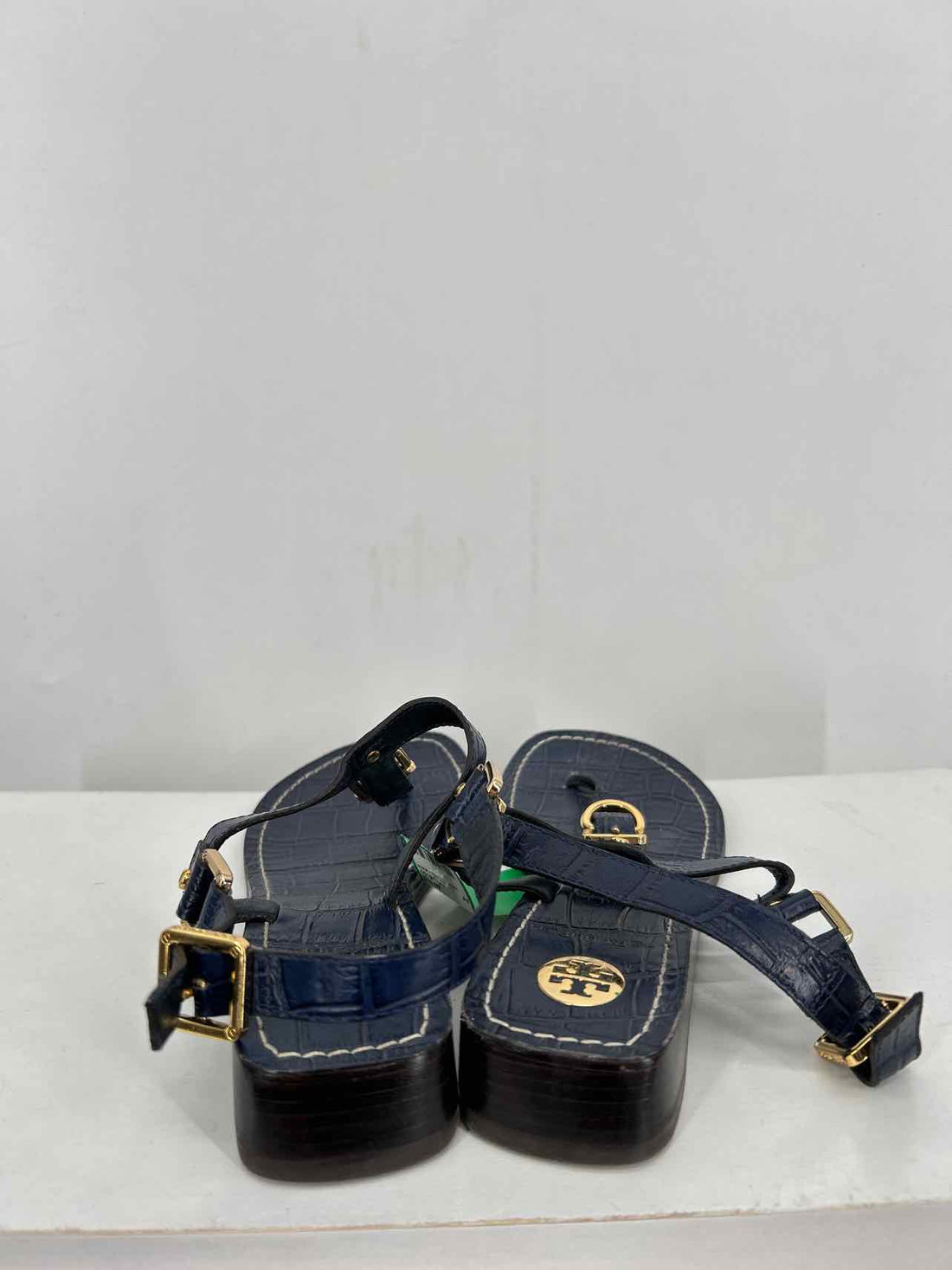 Tory Burch Women Size 6.5 Navy & Gold Croc Embossed Sandals
