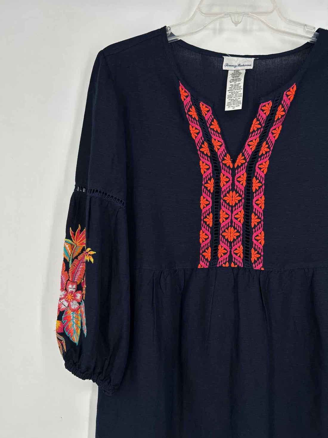 Tommy Bahama Size S Navy Embroidered Linen/Viscose Long Sleeve Dress