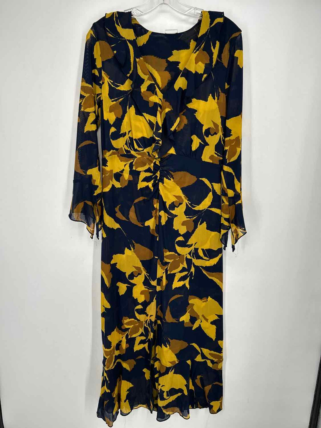 Cabi Size M Navy & Mustard Print Mesh Long Sleeve Dress