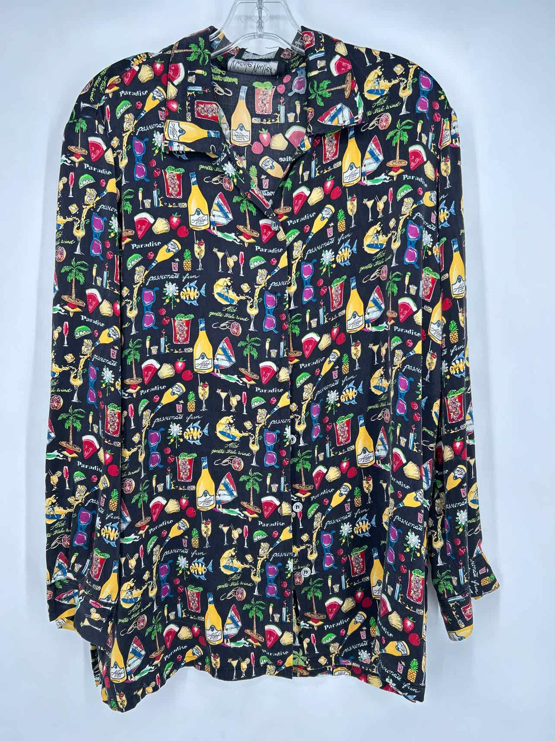Nicole Miller Size M Black Print Silk Long Sleeve