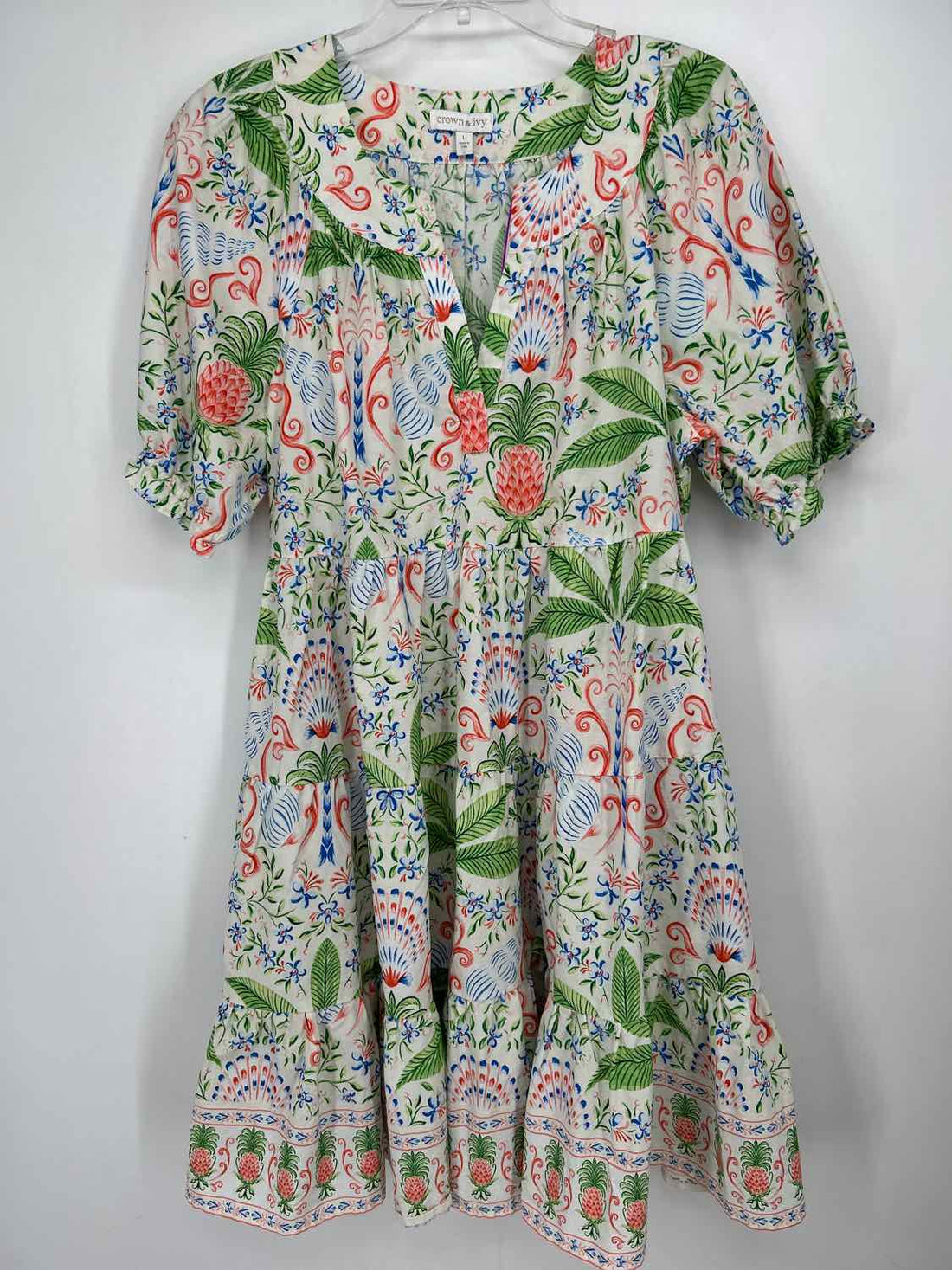 Crown & Ivy Size L White Green & blue Short Sleeve Dress