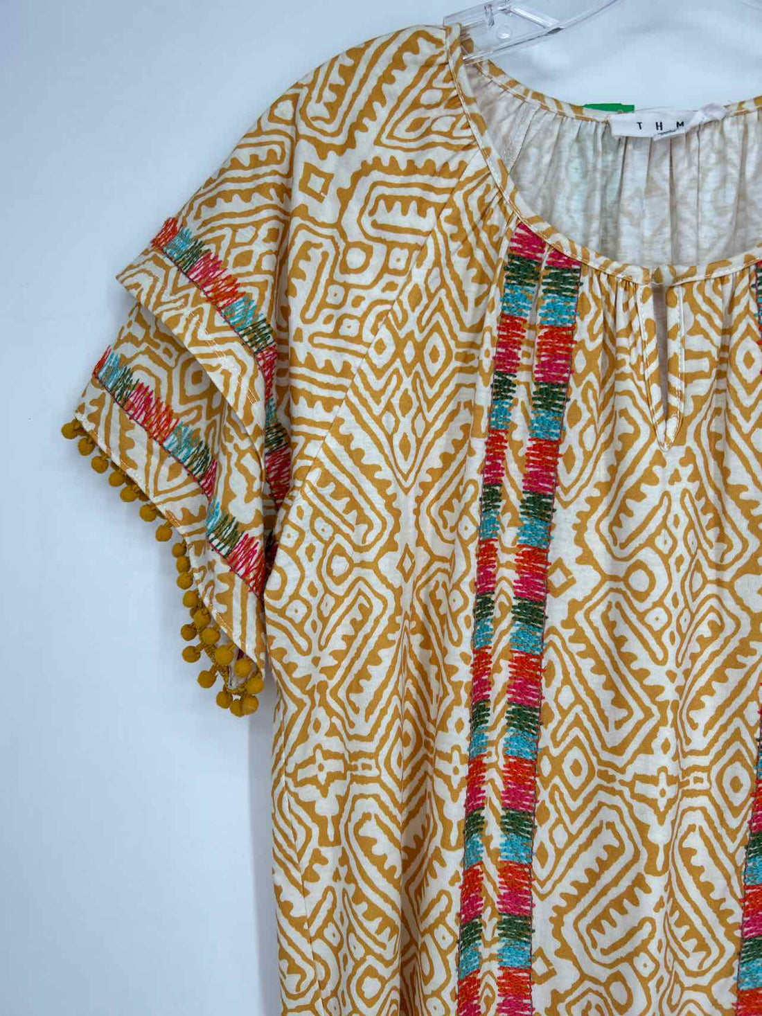 THML Size S White & Mustard Embroidered Short Sleeve