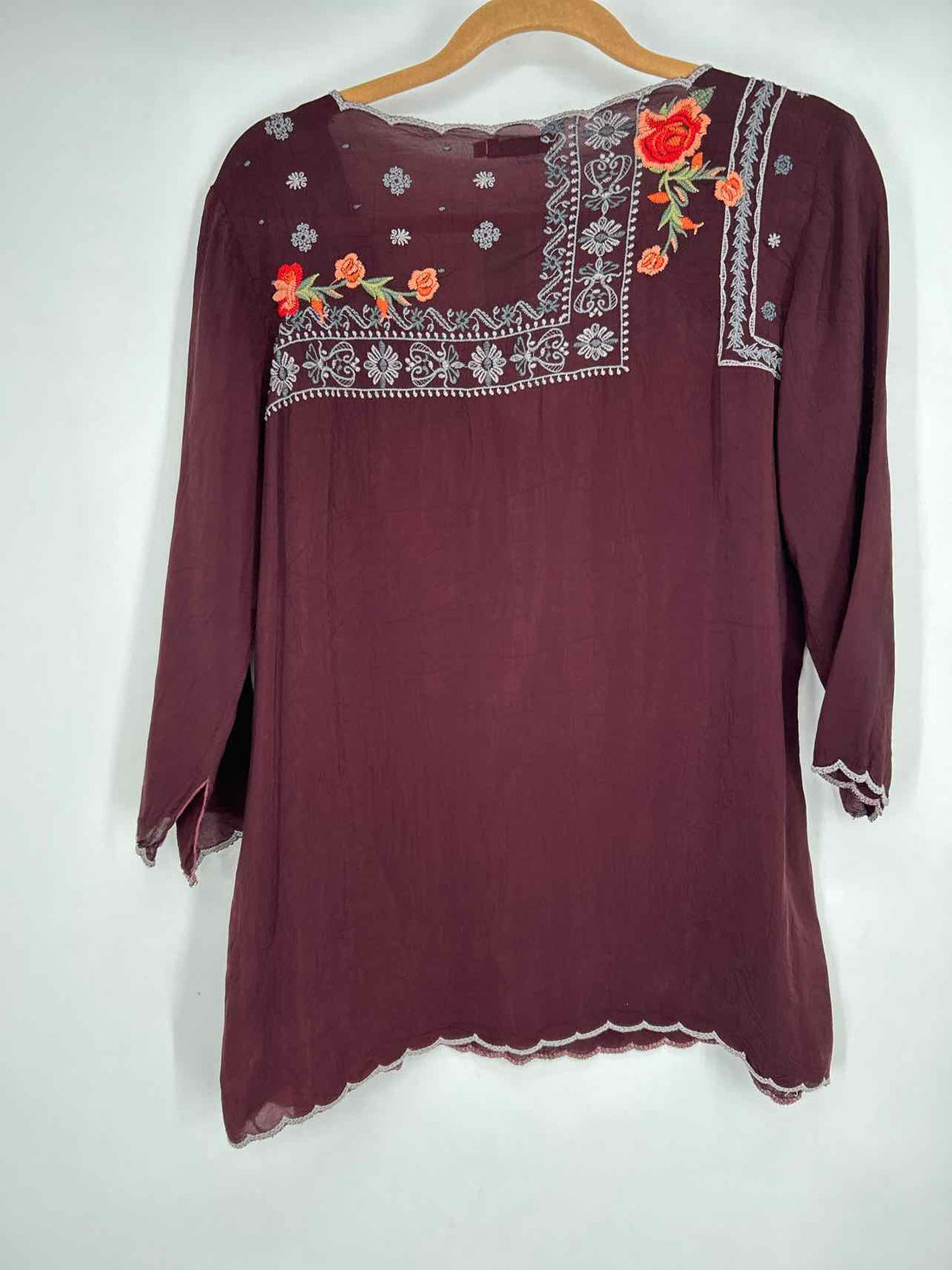 Johnny Was Size S Burgandy Embroidered Cupra Rayon Long Sleeve