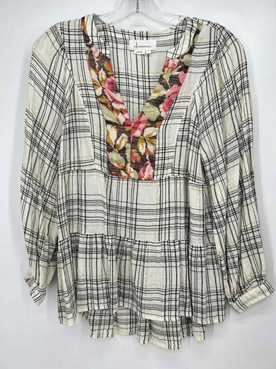 By Anthropologie Size XS White & Black Plaid Long Sleeve