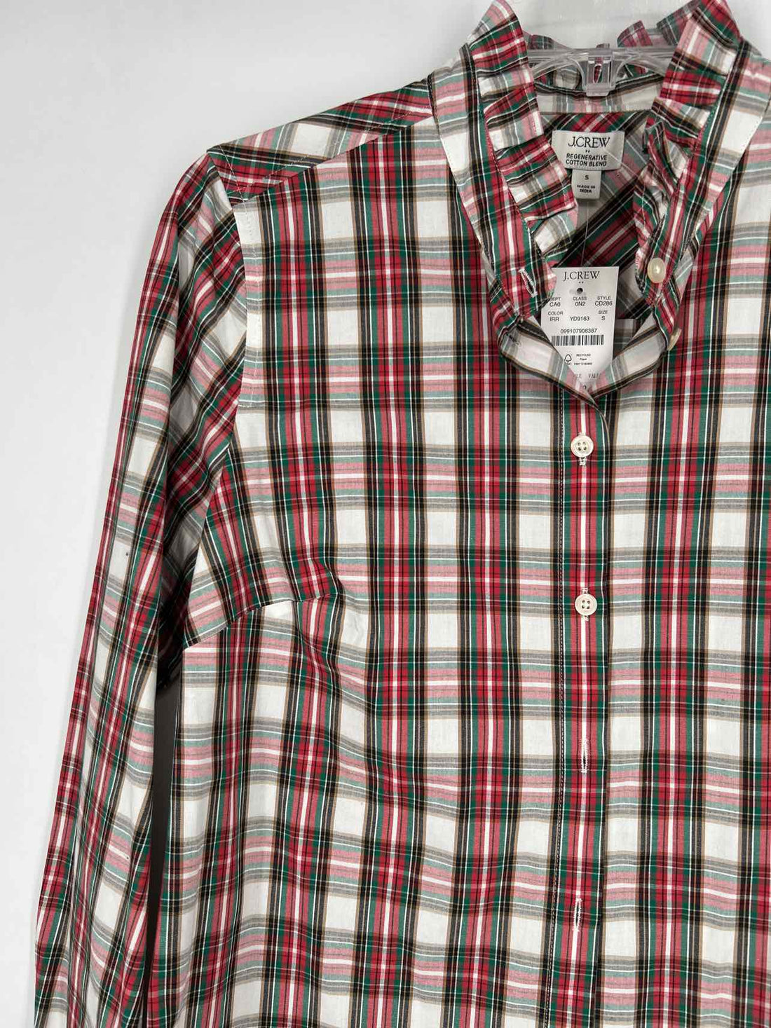 J Crew Size S White Red & Green Plaid NWT Long Sleeve