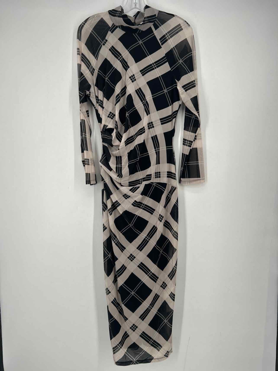 Reiss Size 10 Black & White Plaid Mesh Long Sleeve Dress