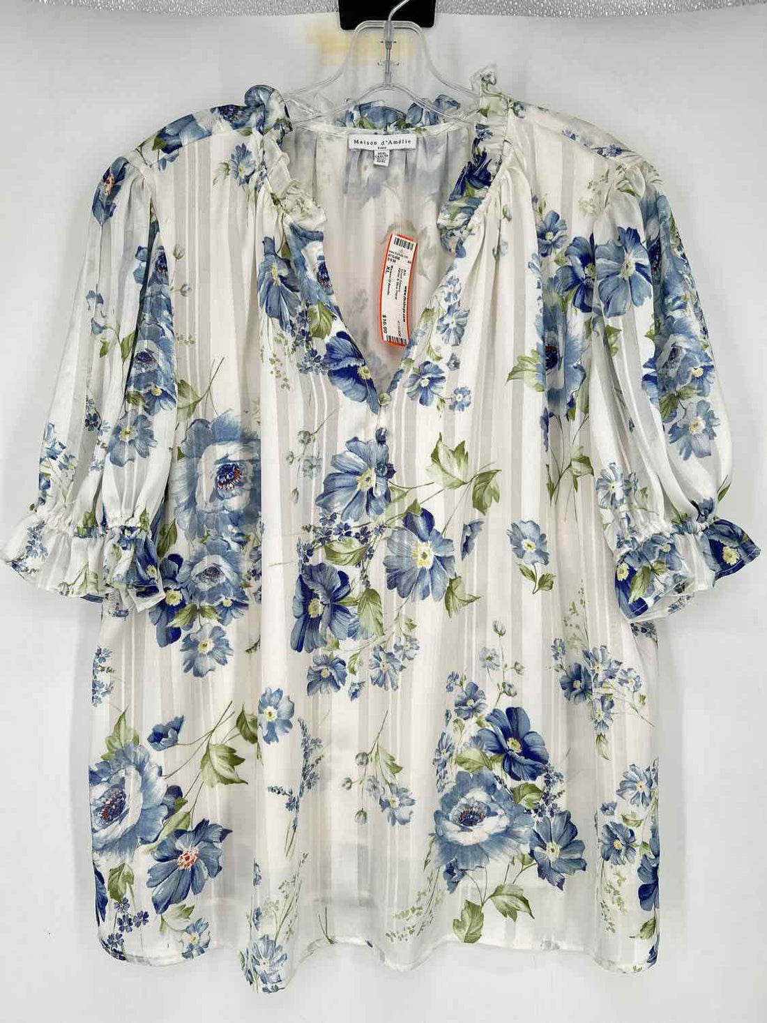 Maison D'Amelie Size XL White & Blue Floral Short Sleeve