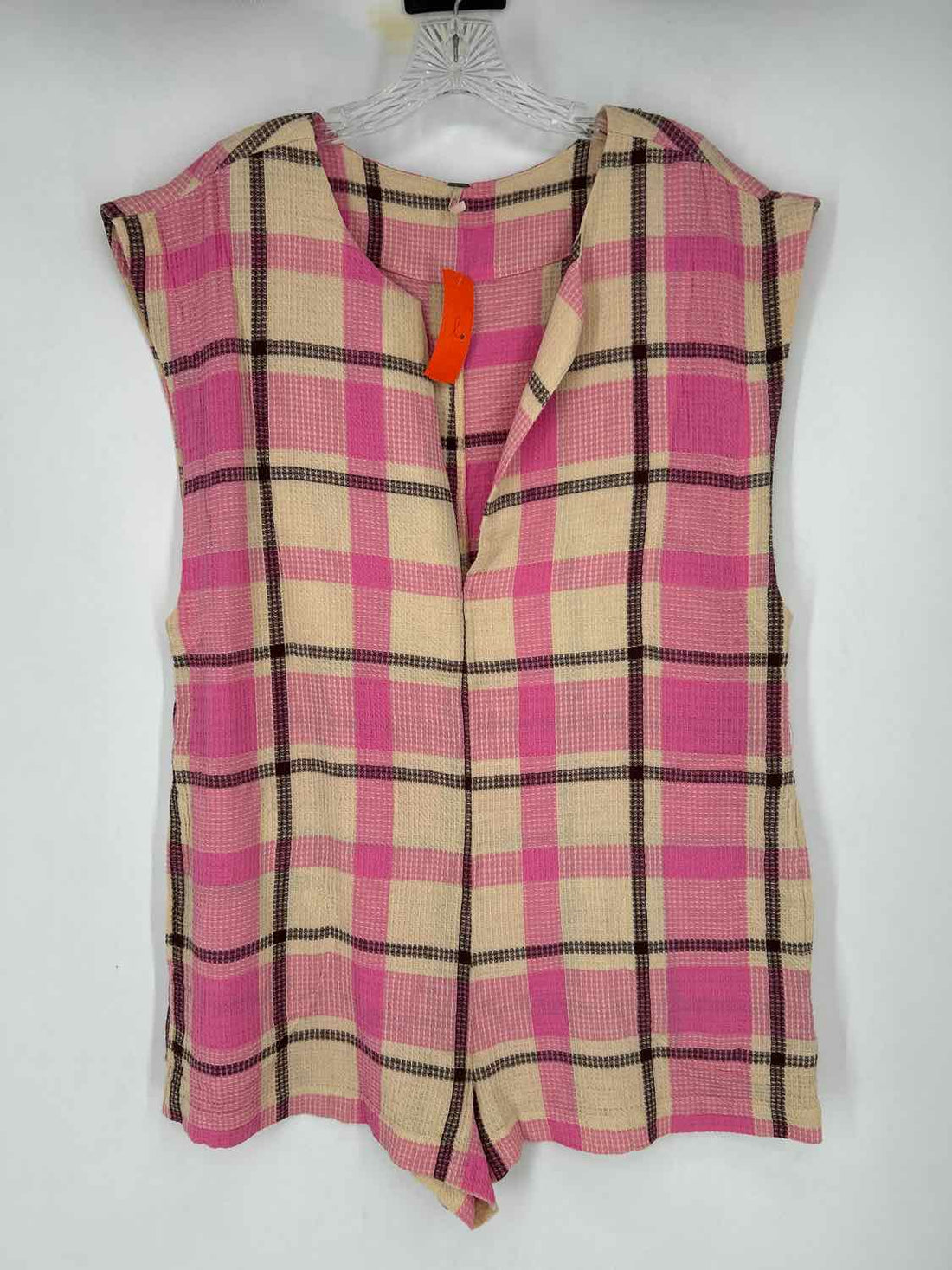 Free People Size S Cream & Pink Plaid Short Sleeve Rompers