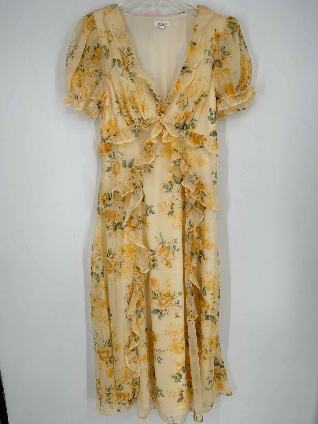 Storia Size L Yellow Floral Short Sleeve Dress